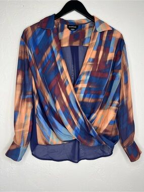 Bebe Sheer Surplice Blouse XXS Abstract Plaid Long Sleeve Chiffon Y2K Plunge Top